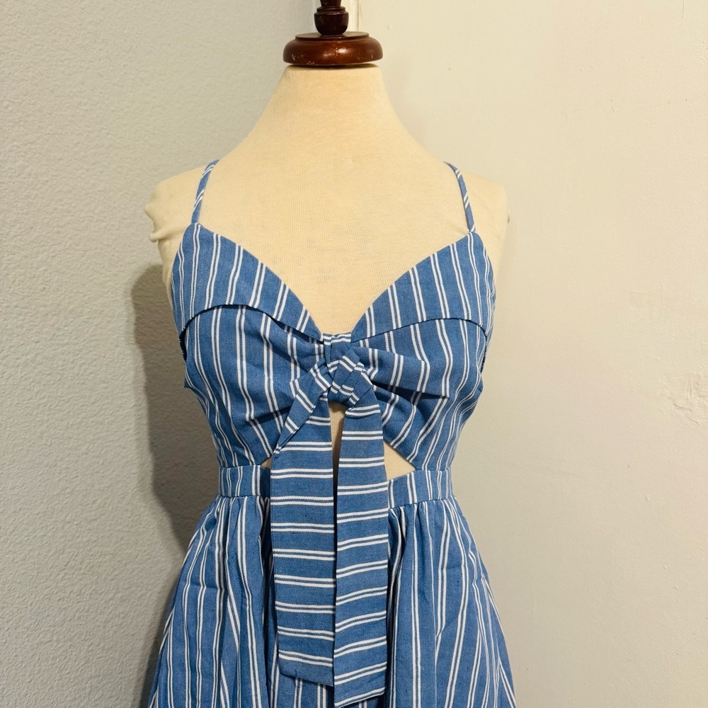 Main Strip Blue Striped Mini Yacht Cut Out Fit and Flare Dress with Pockets Sz S - Picture 7 of 16